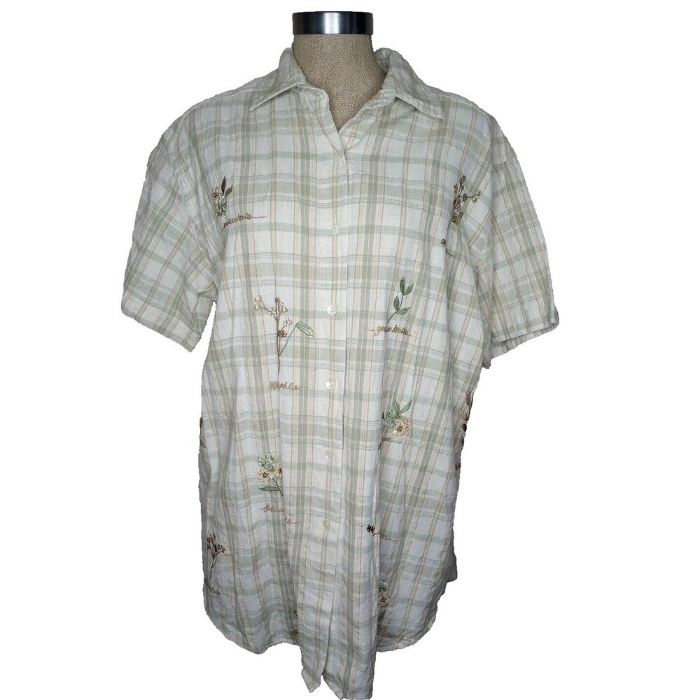 Casey & Max Shirt Top Women Size 16W Multicolor Plaid Button Up Cotton Linen
